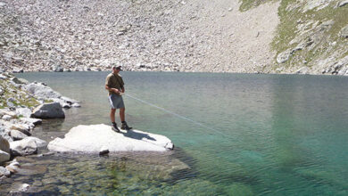 Pêche à la truite en lac de haute montagne.